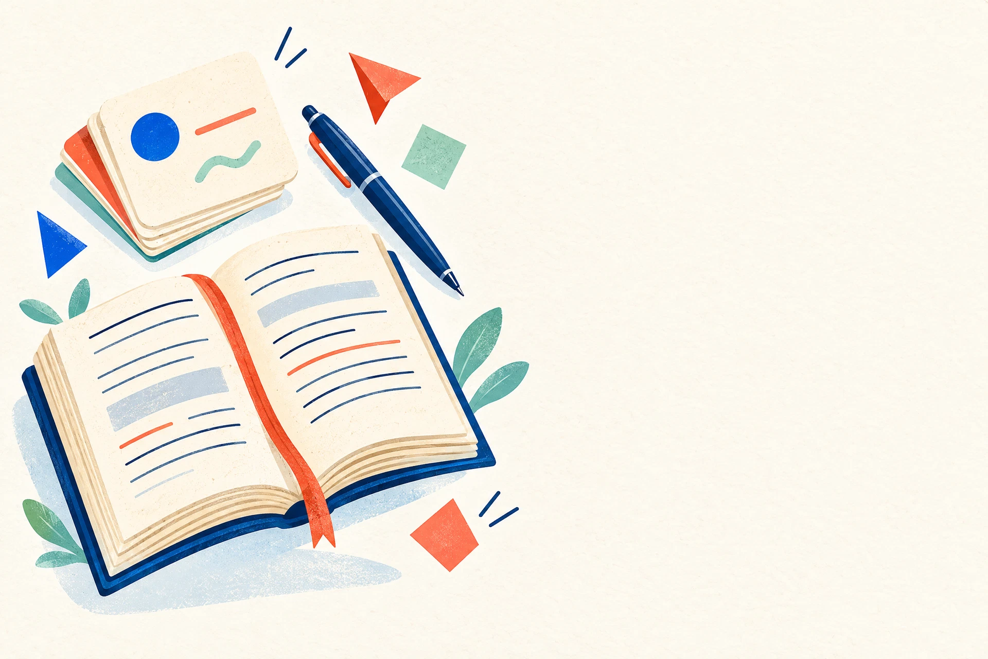 رسم تحريري لكتاب وبطاقات دراسة على ورق بلون عاجي